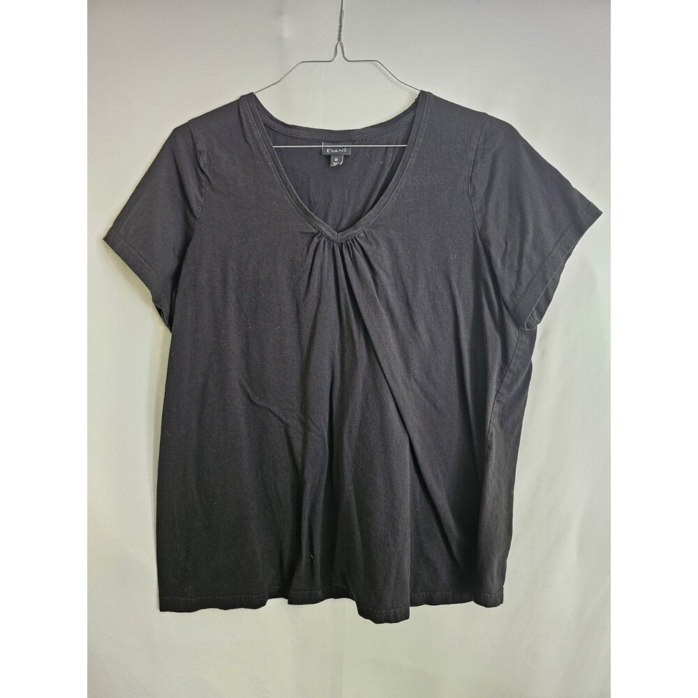 Evans Womens Black Short Sleeve Top Size 20 V Neck Gathered Cotton Tee Plus